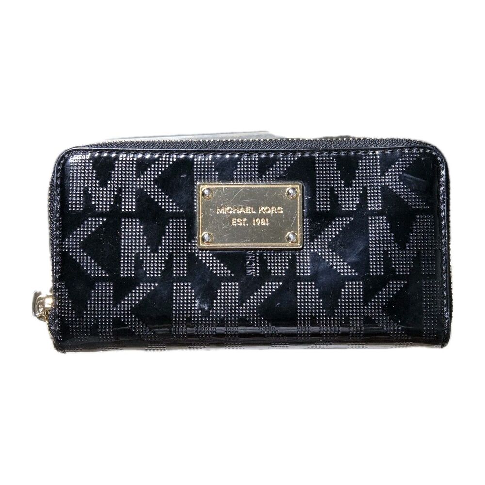 Michael Kors Logo Zip-Around Continental Wallet Black Patent Leather Gold Accent